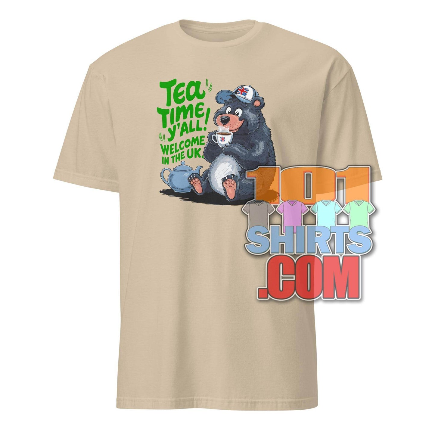 101SHIRTS funny british tea shirt featuring a bear drinking tea with Tea Time Y'all Welcome in the UK text