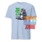 Light blue funny british tea shirt with cartoon bear holding tea cup and teapot design