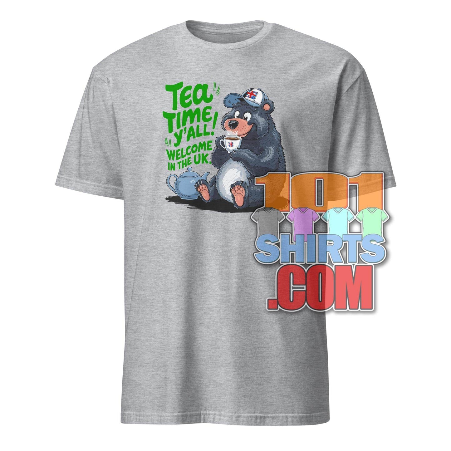 Funny British tea shirt with cartoon bear drinking tea and green text on gray tee