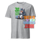Funny British tea shirt with cartoon bear drinking tea and green text on gray tee