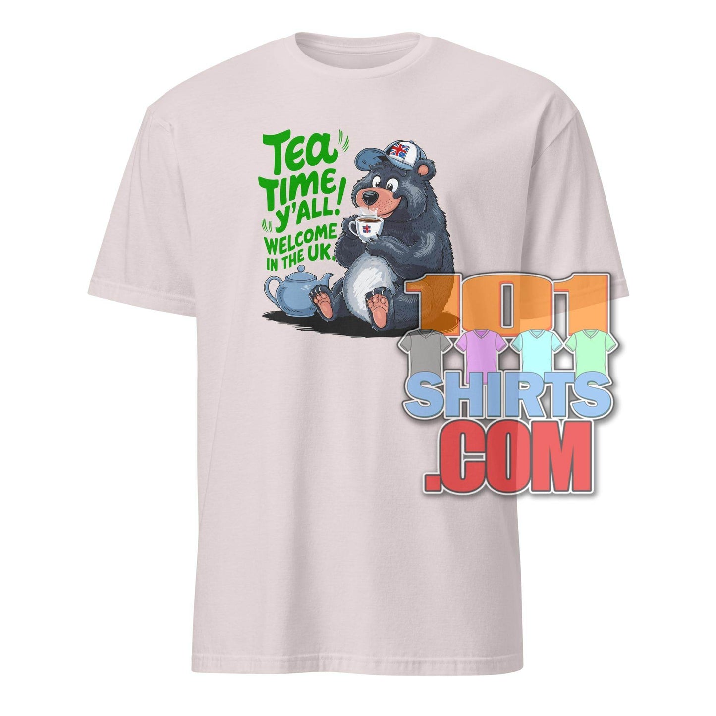 Funny British tea shirt featuring a bear drinking tea with the text Tea Time Y'all Welcome in the UK