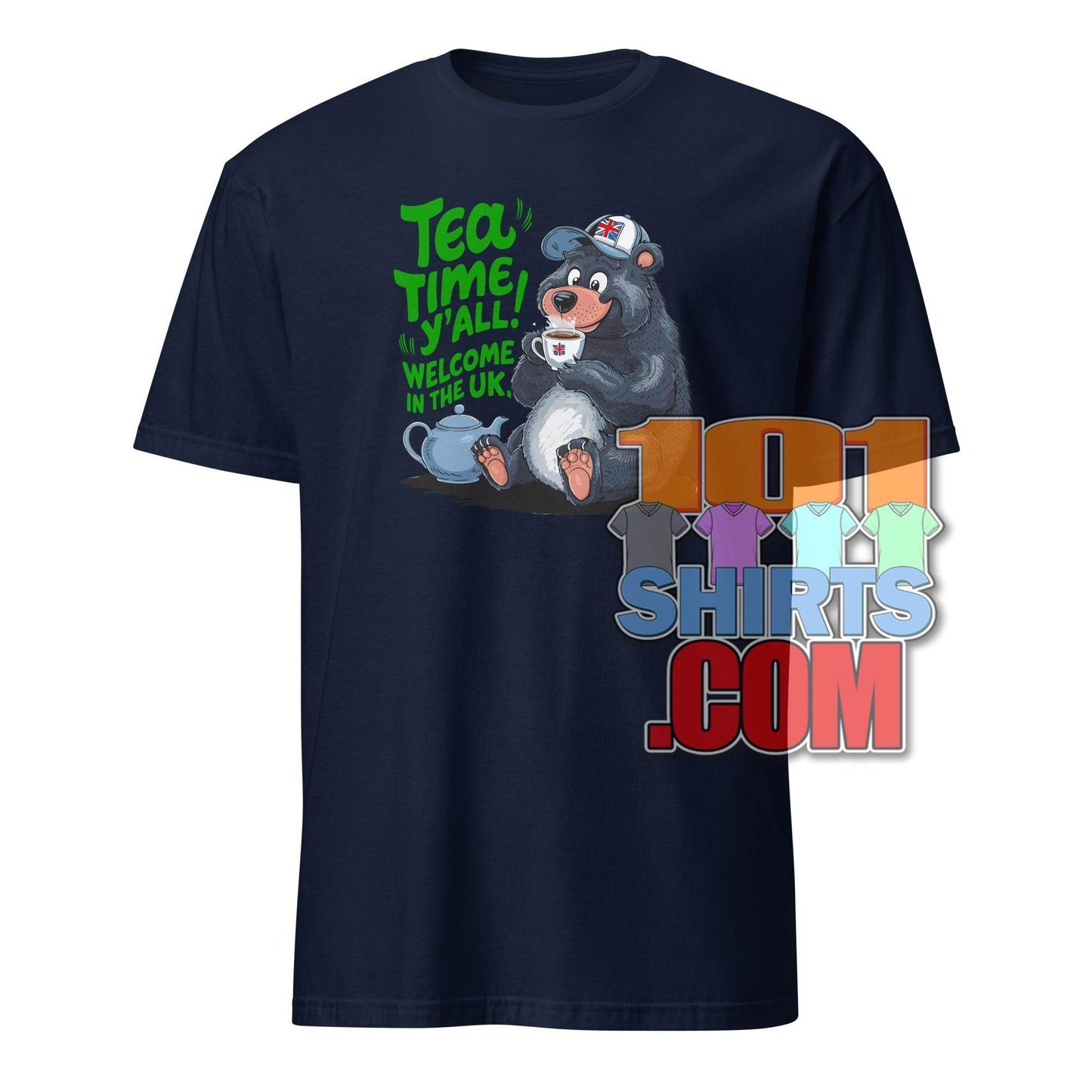 Navy funny british tea shirt with cartoon bear holding a teacup and text tea time y all welcome in the UK