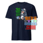 Navy funny british tea shirt with cartoon bear holding a teacup and text tea time y all welcome in the UK