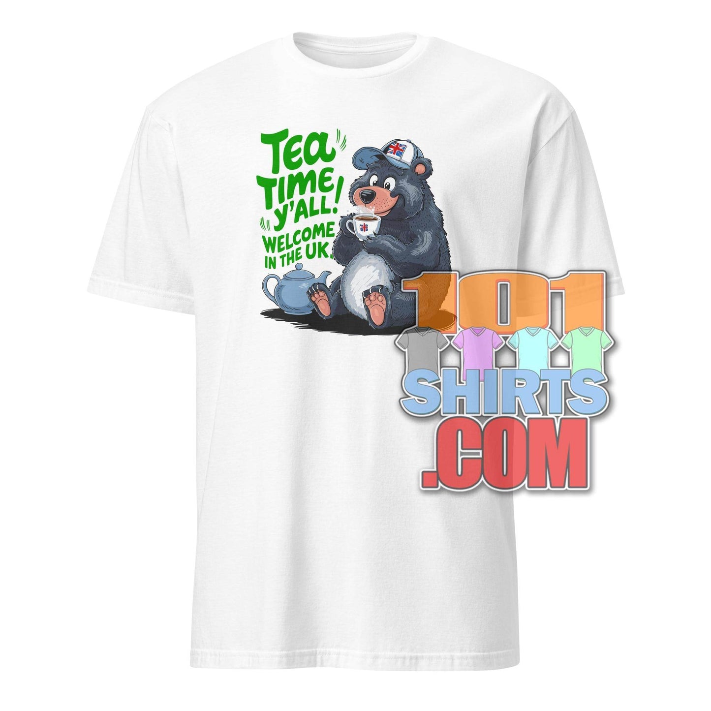White funny british tea shirt with cartoon bear holding a teacup and text tea time y'all welcome in the UK