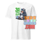 White funny british tea shirt with cartoon bear holding a teacup and text tea time y'all welcome in the UK