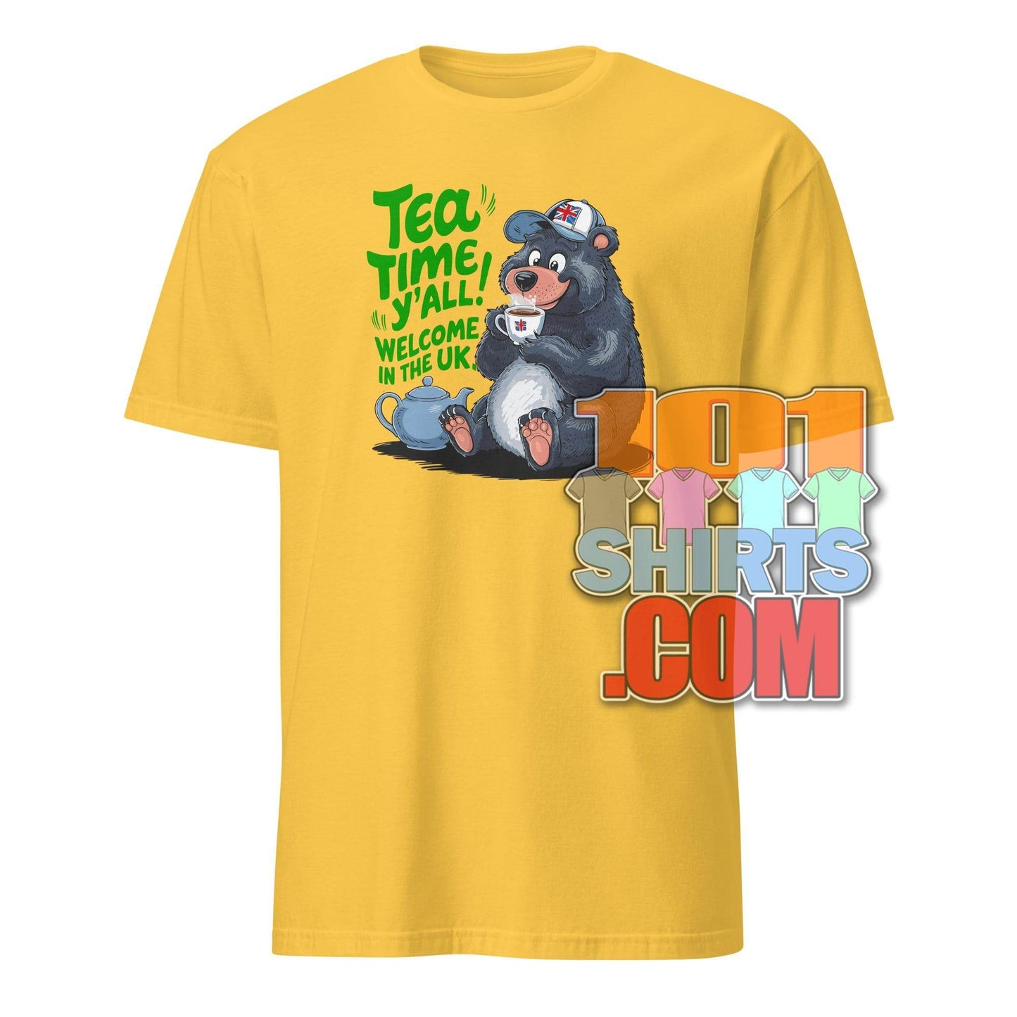 Yellow funny british tea shirt featuring a bear drinking tea with UK welcome text