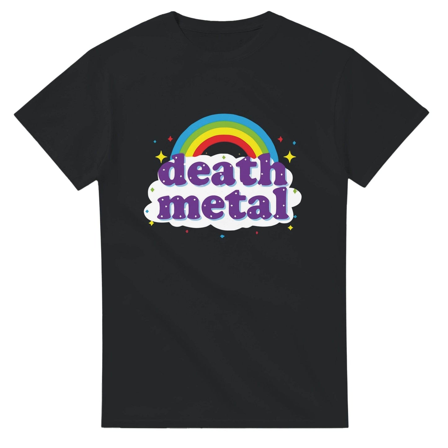Black funny death metal t-shirt with colorful rainbow and cloud graphic by 101SHIRTS