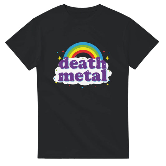 Black funny death metal t-shirt with colorful rainbow and cloud graphic by 101SHIRTS