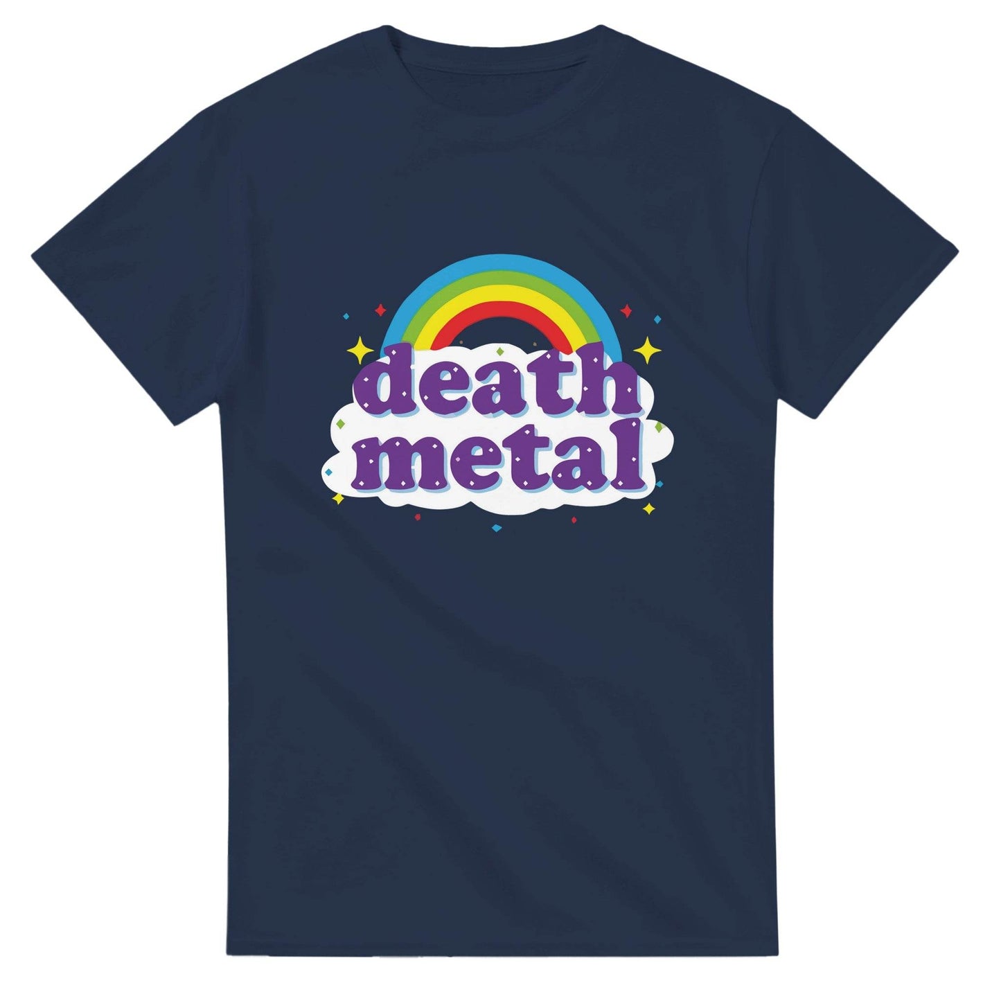 Funny death metal t-shirt in navy blue with colorful rainbow and cloud graphic design