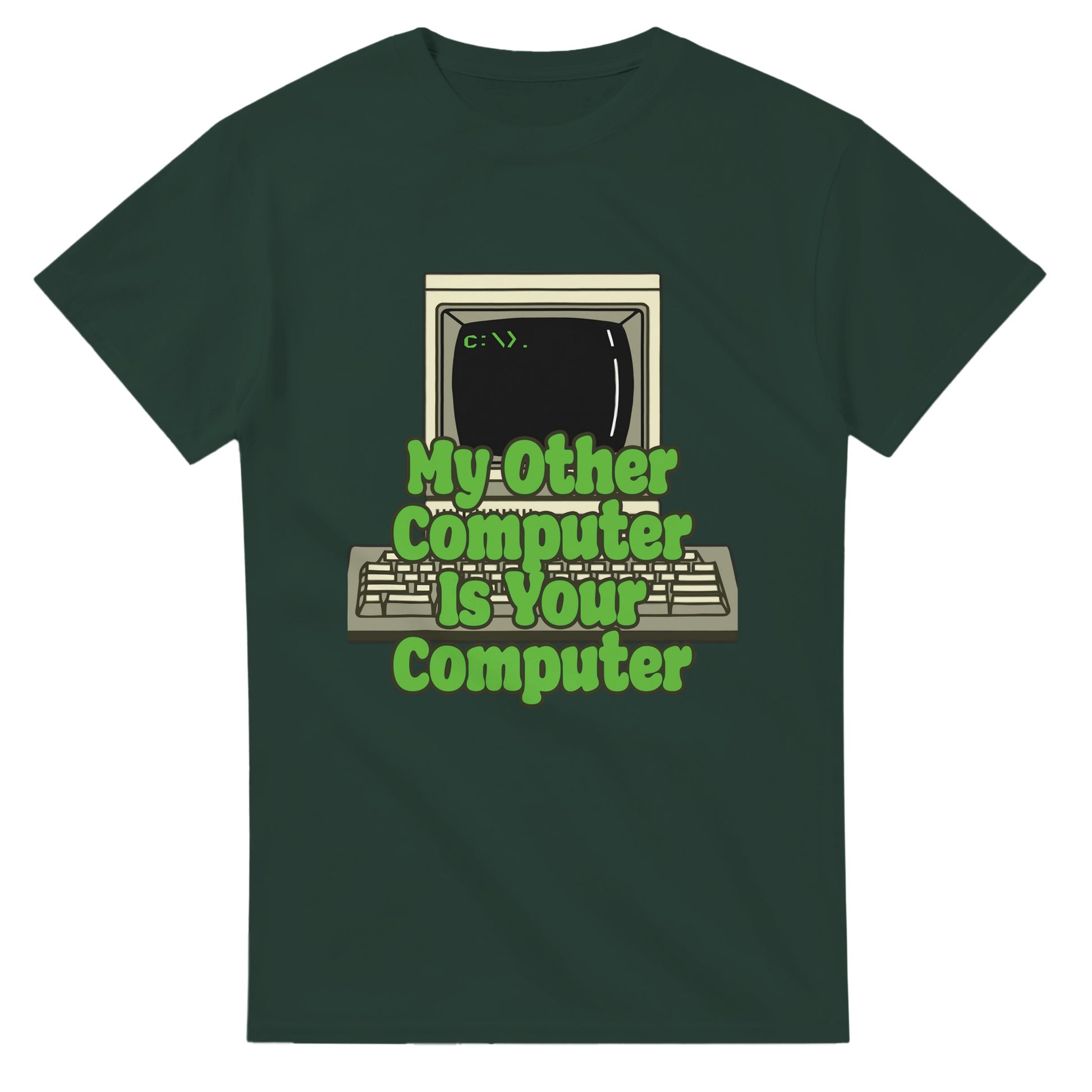 Funny hacker t shirt with retro computer graphic and green text on dark green 101SHIRTS tee