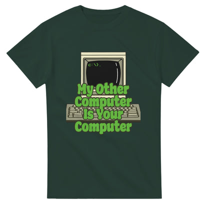 Funny hacker t shirt with retro computer graphic and green text on dark green 101SHIRTS tee