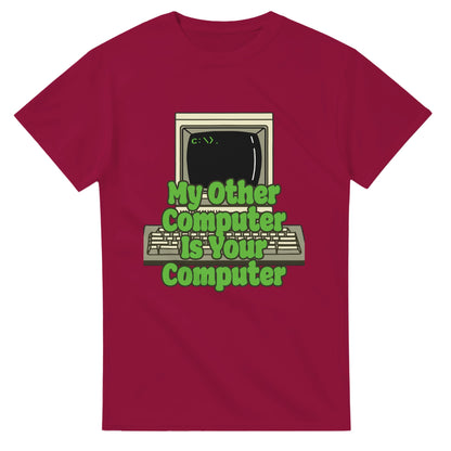 Red funny hacker t shirt with vintage computer and green text saying My Other Computer Is Your Computer