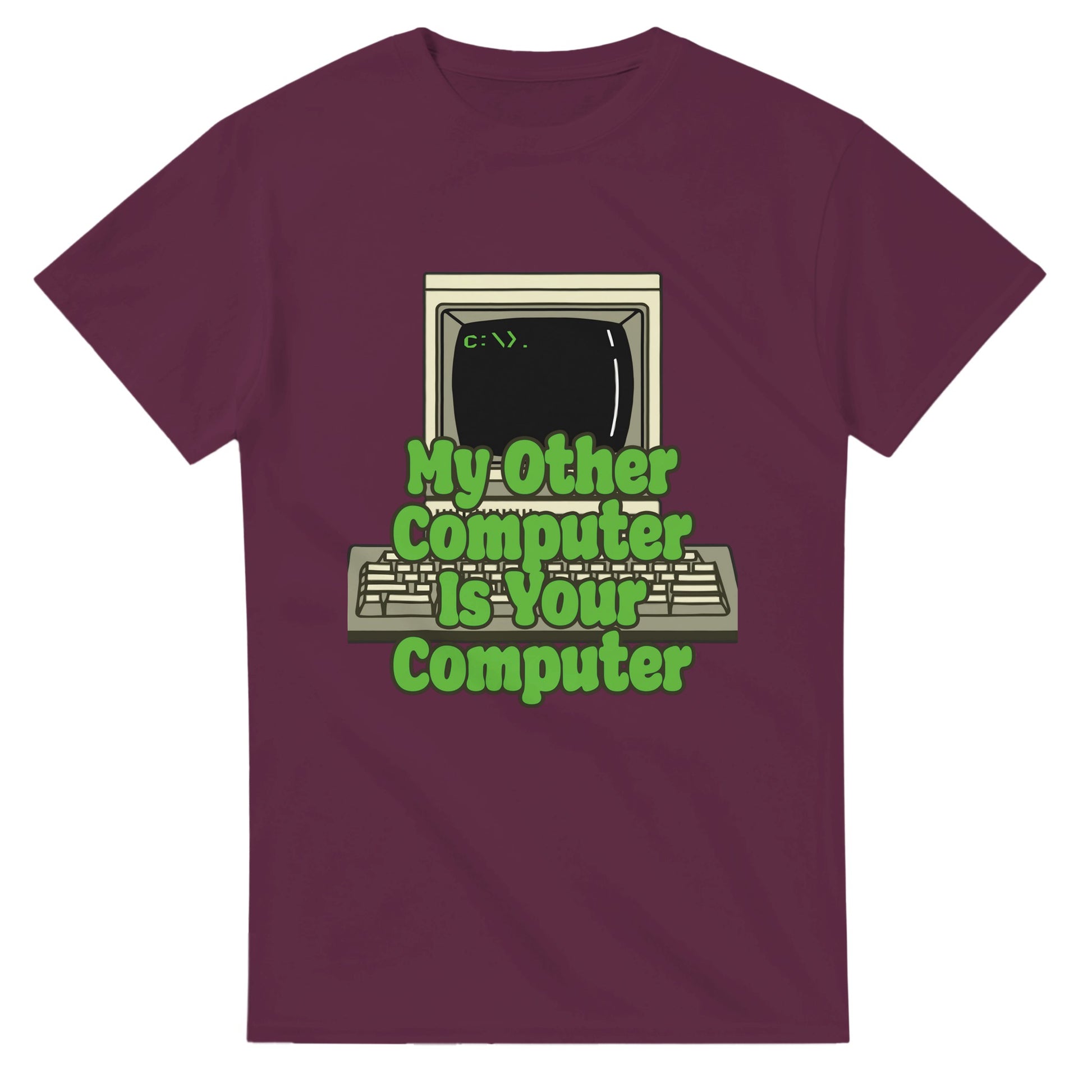 101SHIRTS funny hacker t shirt with vintage computer graphic and green text on maroon fabric