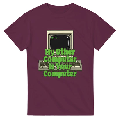 101SHIRTS funny hacker t shirt with vintage computer graphic and green text on maroon fabric