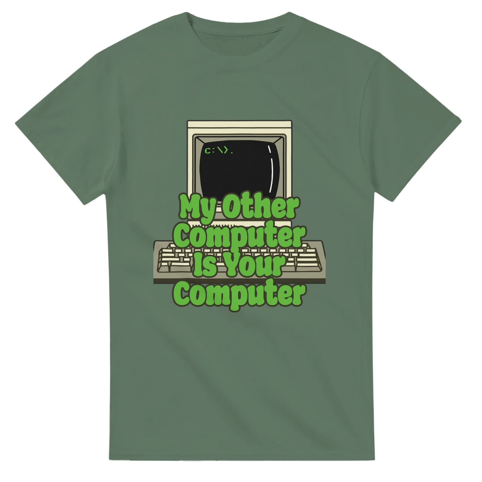 Funny hacker t shirt by 101SHIRTS with retro computer and green text design on olive green tee
