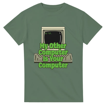 Funny hacker t shirt by 101SHIRTS with retro computer and green text design on olive green tee