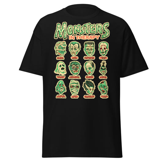 101SHIRTS funny Halloween movie monster shirt with cartoon monster faces and therapy theme on black T-shirt