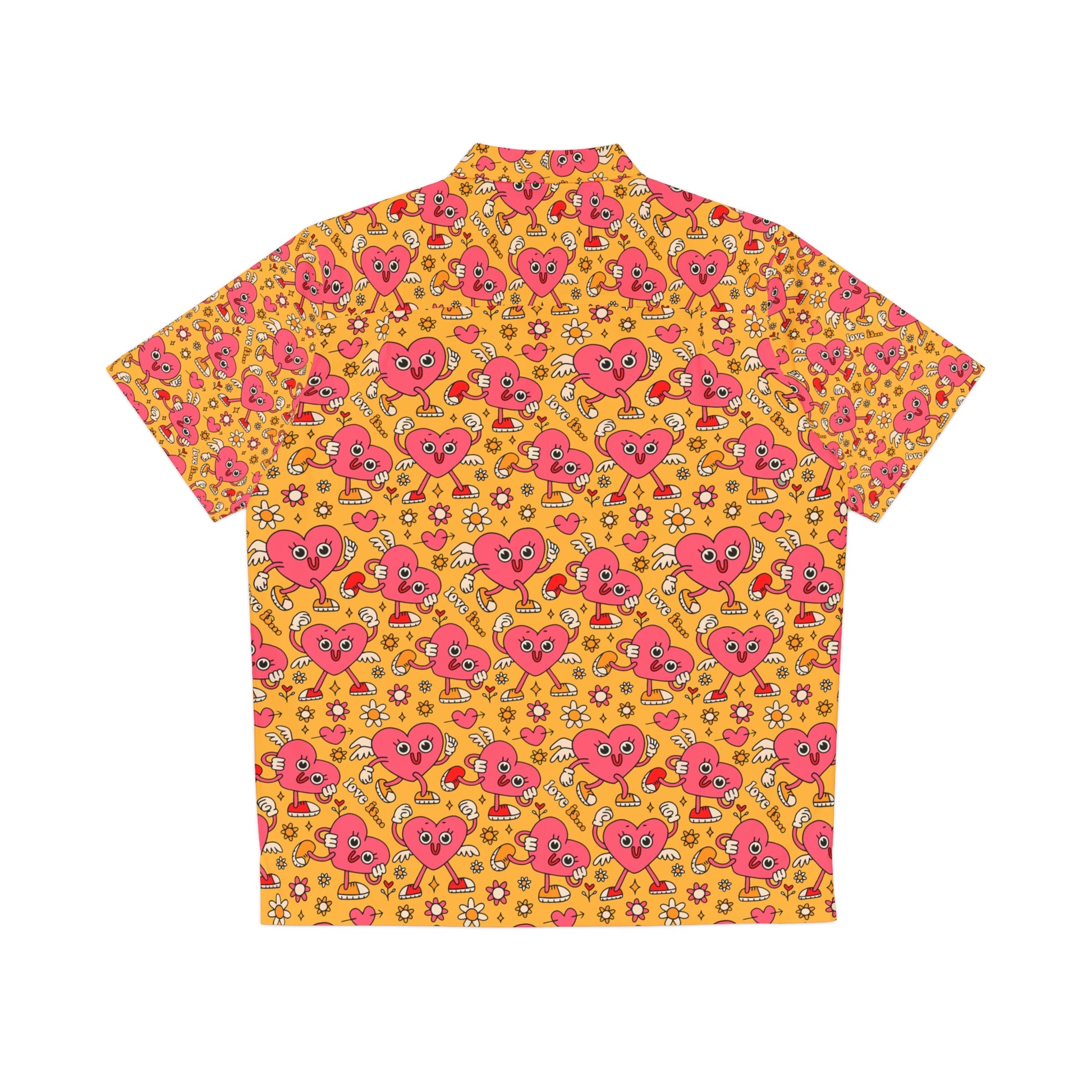 Funny Hawaiian shirt for men with yellow background and playful pink heart characters print