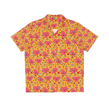 Funny Hawaiian shirt for men with colorful pink heart pattern on yellow background by Printify