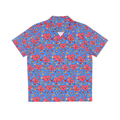 Funny Hawaiian shirt with hearts in red and pink on blue background by Printify
