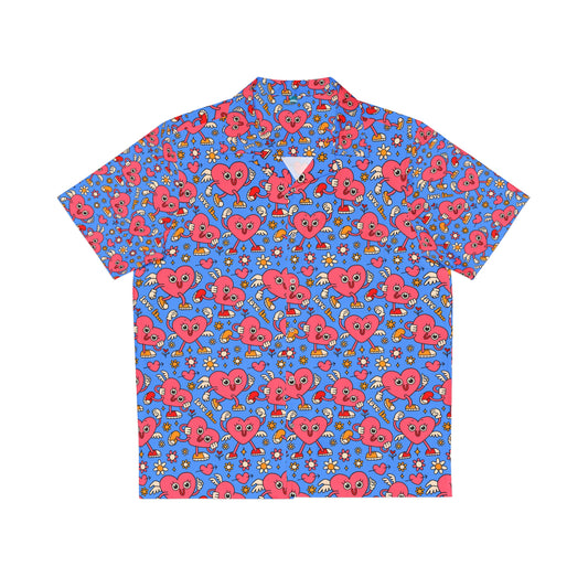 Funny Hawaiian shirt with hearts in red and pink on blue background by Printify