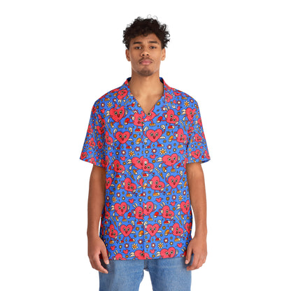 Funny Hawaiian shirt with hearts in red on blue background worn by man with casual jeans