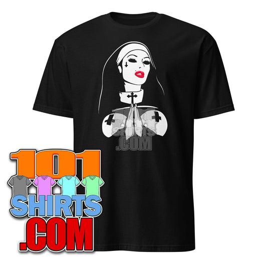 Funny satanic nun t-shirt featuring bold graphic design on a black background