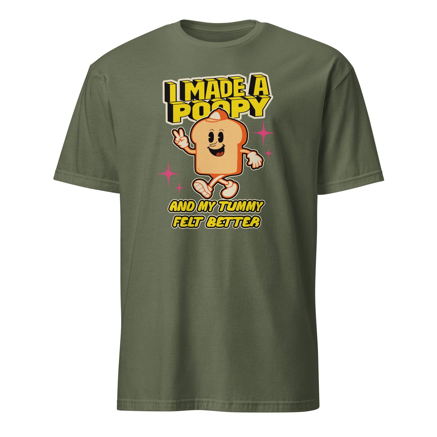 101SHIRTS adult humor graphic tee olive green with funny toast cartoon and I made a poopy text