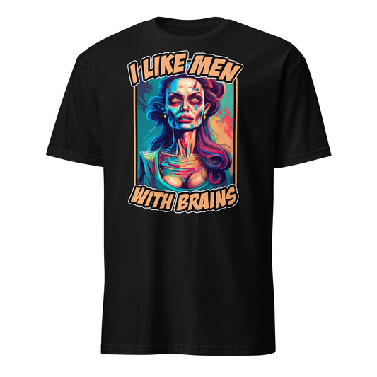 Black t-shirt from 101SHIRTS featuring funny zombie halloween Angelina Jolie graphic with text I like men with brains