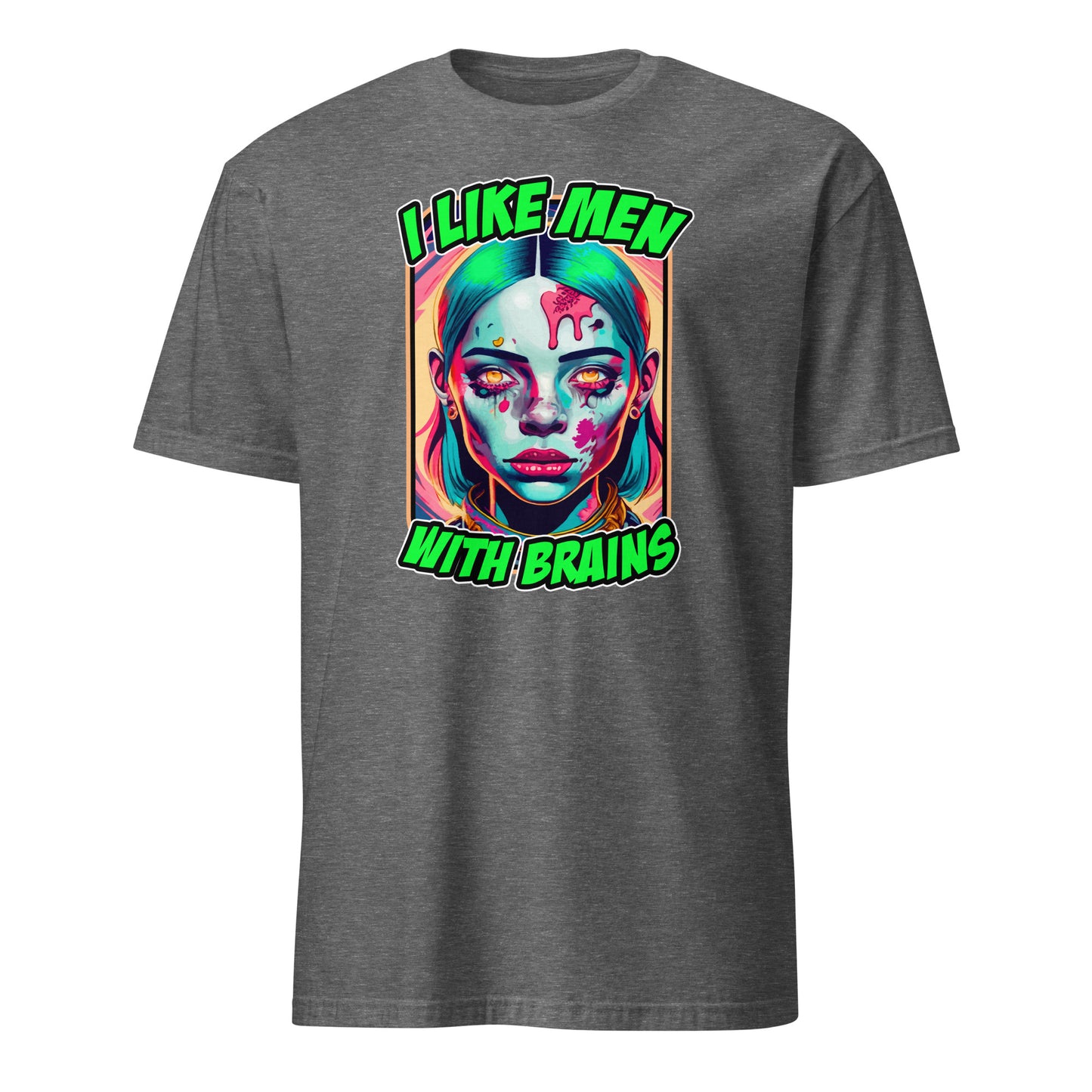 Funny zombie taylor swift halloween tee featuring colorful zombie face and text I like men with brains on gray shirt