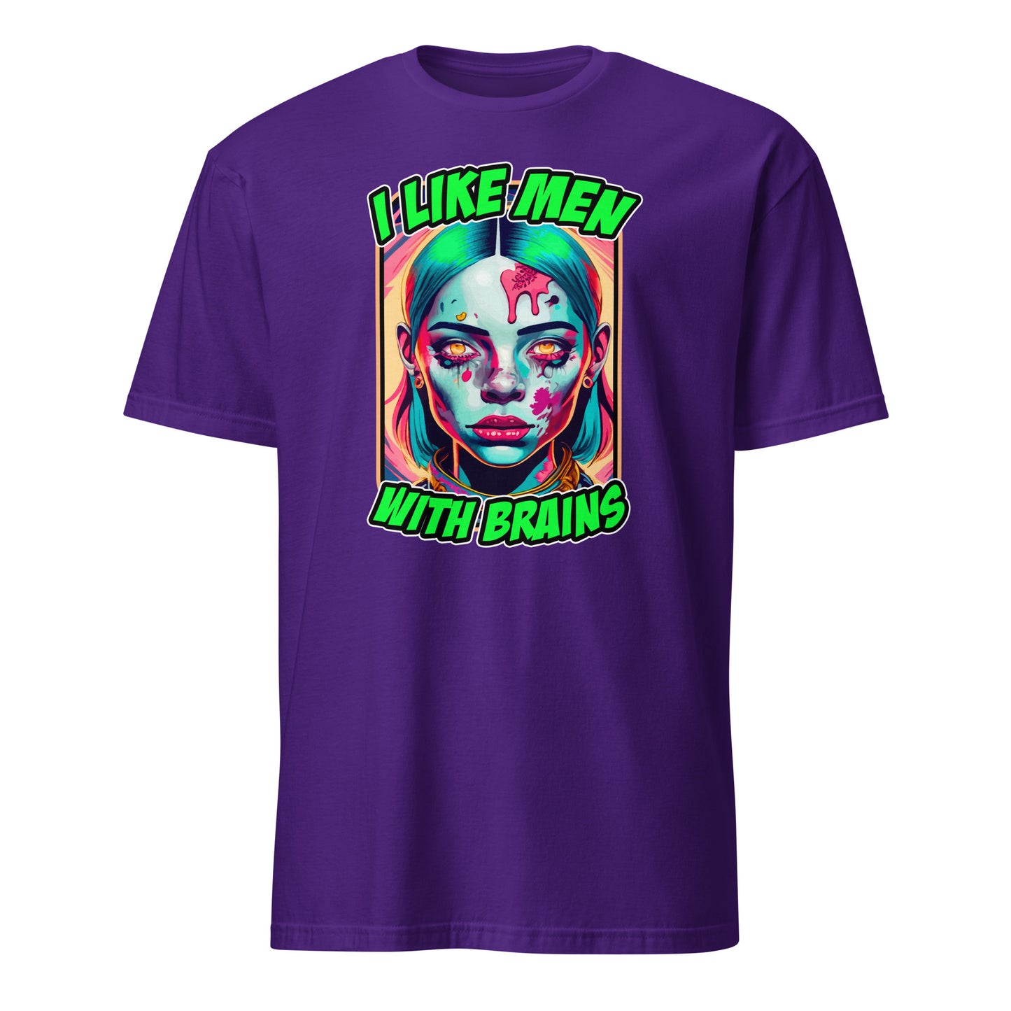 Purple funny zombie taylor swift halloween tee with colorful zombie face and I like men with brains text