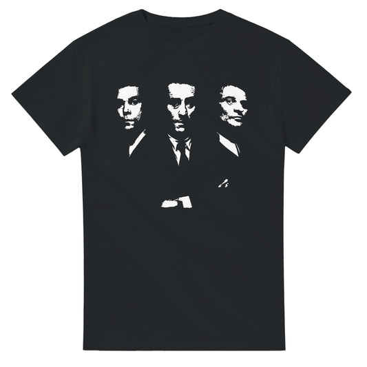 Black Goodfellas movie t-shirt featuring iconic black and white silhouettes of three characters from 101SHIRTS