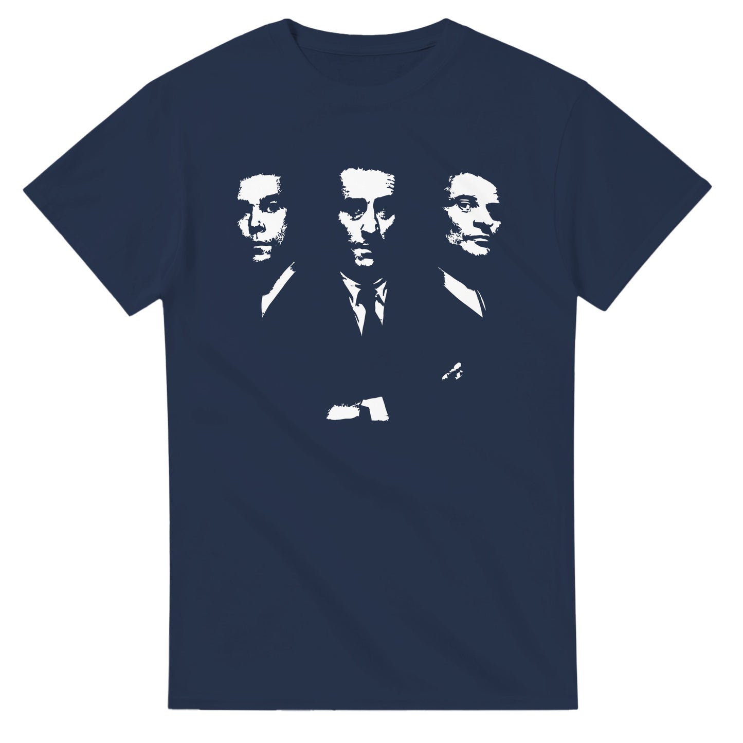 Navy blue Goodfellas movie t-shirt featuring white silhouette print of three characters