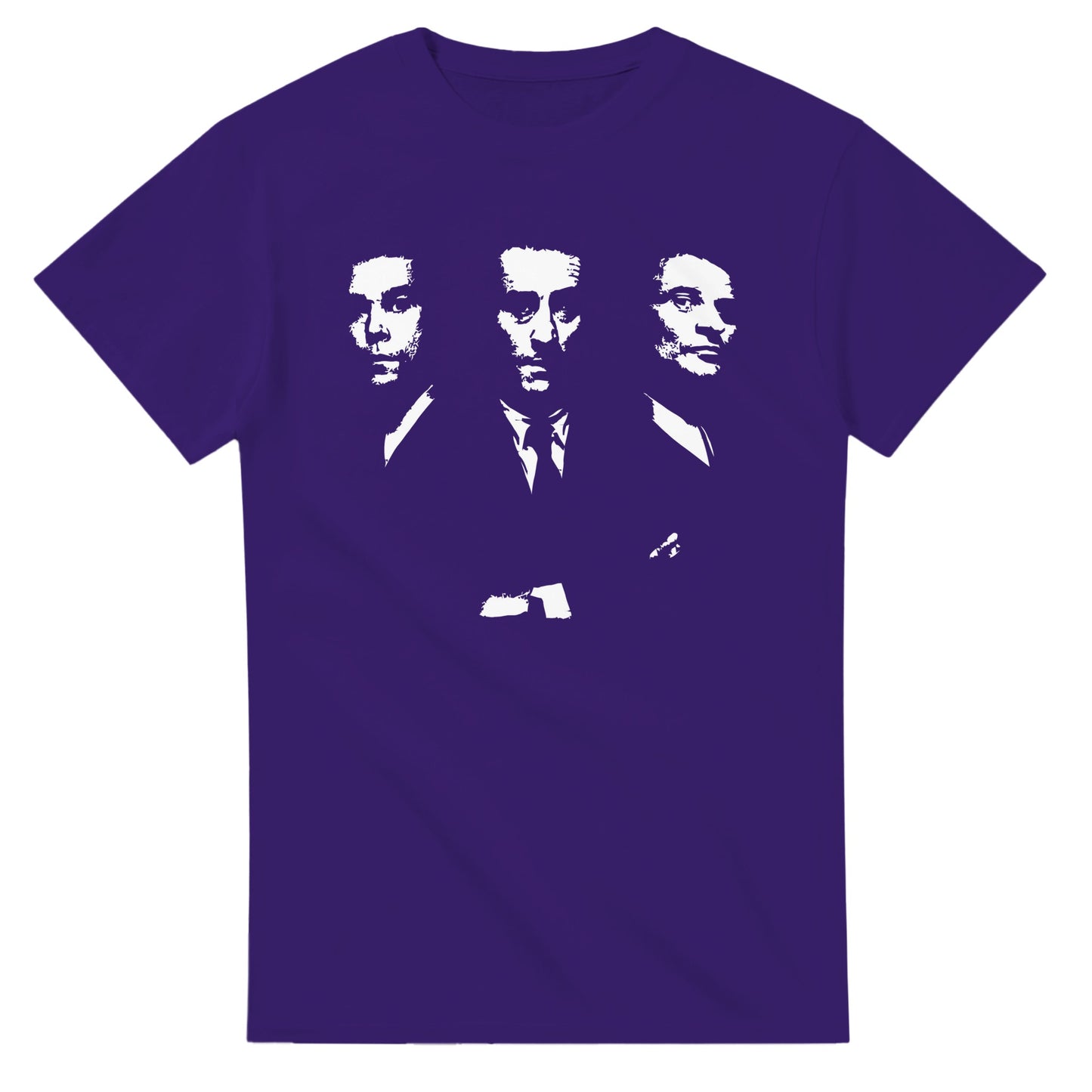 Purple Goodfellas movie t-shirt featuring white graphic of three main characters in suits