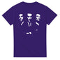 Purple Goodfellas movie t-shirt featuring white graphic of three main characters in suits