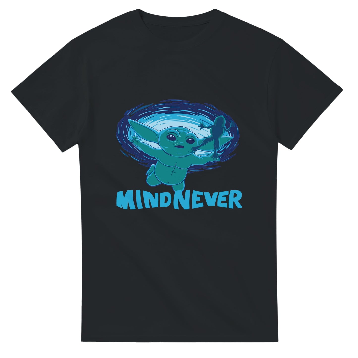 Black Grogu Nevermind parody t-shirt with blue cartoon character and text design