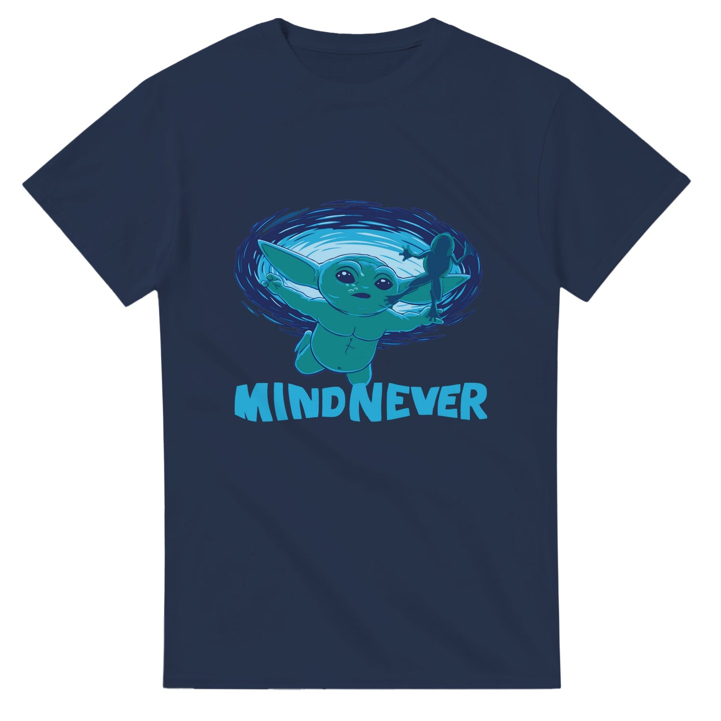 Navy blue Grogu Nevermind parody t-shirt with cute Grogu graphic and mindneve lettering