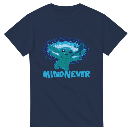 Navy blue Grogu Nevermind parody t-shirt with cute Grogu graphic and mindneve lettering
