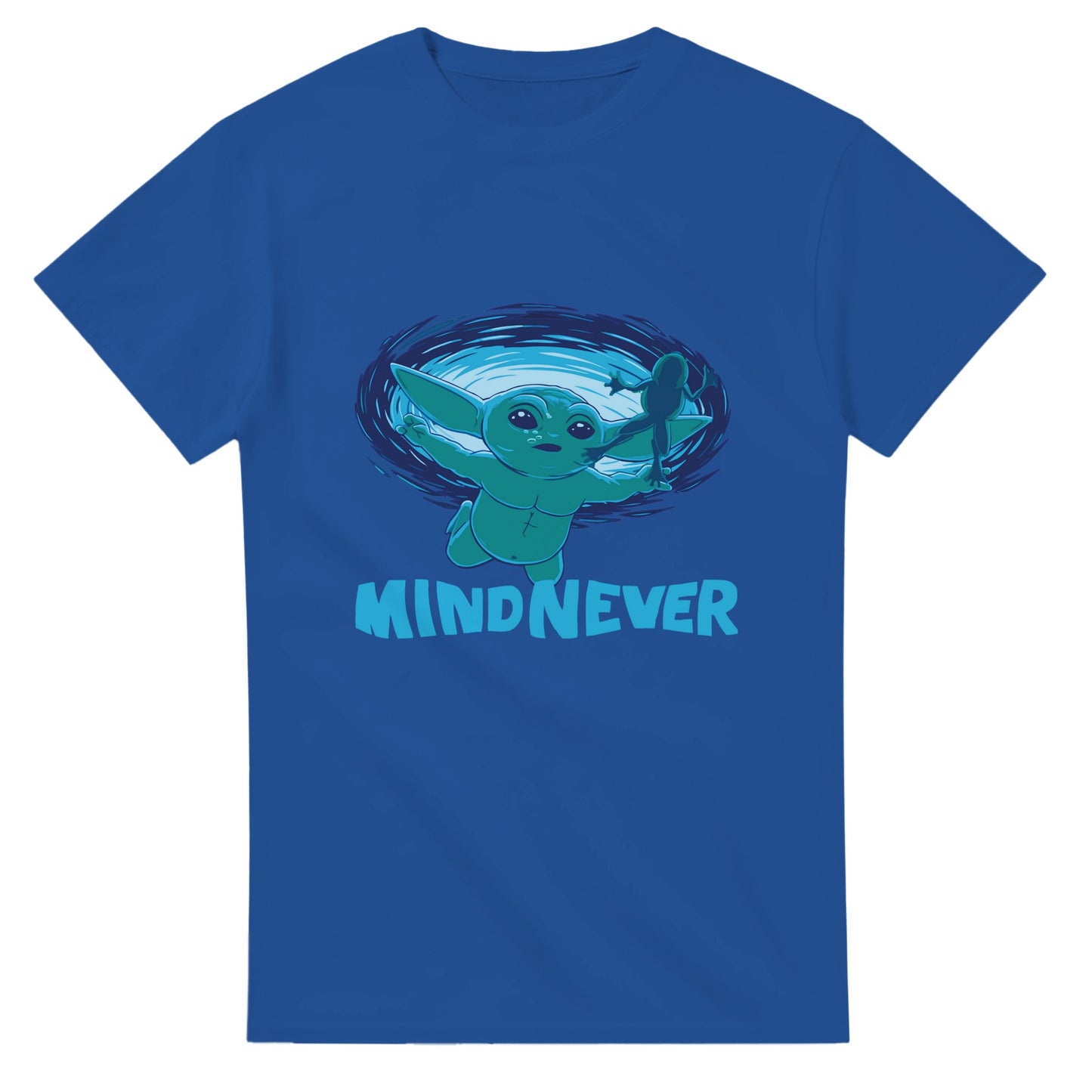 Blue Grogu Nevermind parody t-shirt featuring a cartoon character with the text mind never