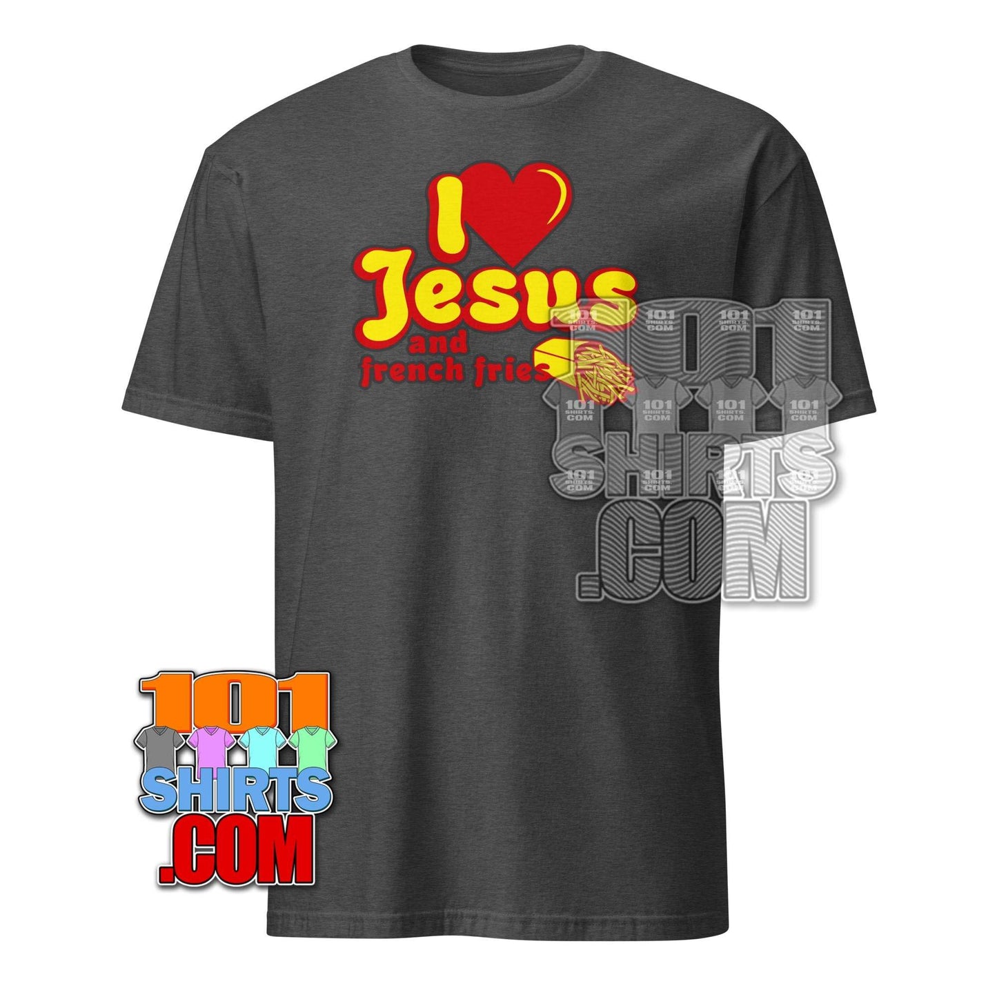 Gray T-shirt with I Love Jesus and French Fries shirt graphic in red and yellow from 101SHIRTS