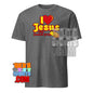 Gray I Love Jesus and French Fries shirt with red and yellow text and graphic on front by 101SHIRTS