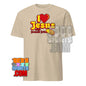Beige I Love Jesus and French Fries shirt with bold red and yellow text and graphic fries on front