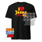 Black T-shirt from 101SHIRTS with I Love Jesus and French Fries shirt design in red and yellow