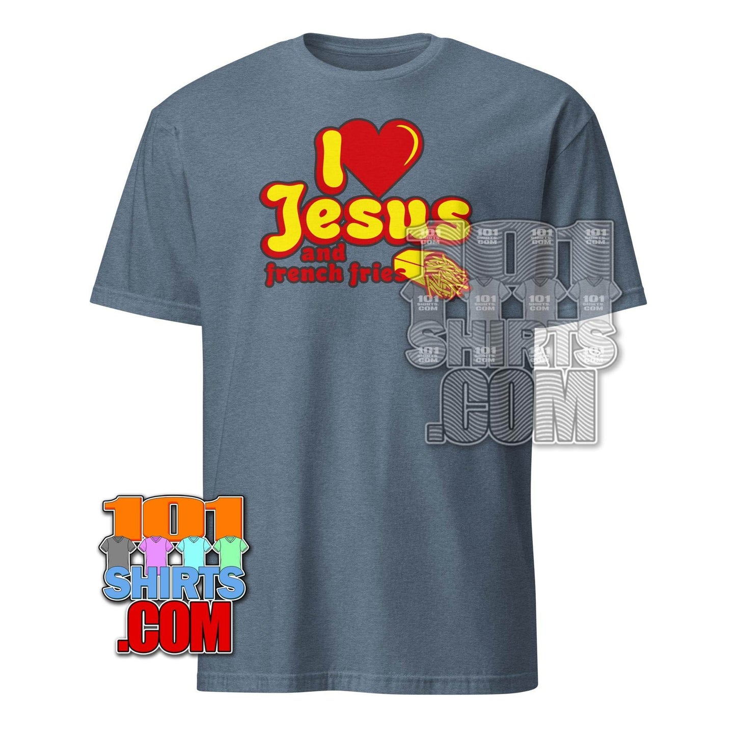 I Love Jesus and French Fries shirt in blue with bold yellow and red text and graphic design