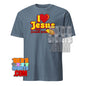 I Love Jesus and French Fries shirt in blue with bold yellow and red text and graphic design