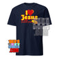 Navy I Love Jesus and French Fries shirt with red and yellow text and fries graphic by 101SHIRTS