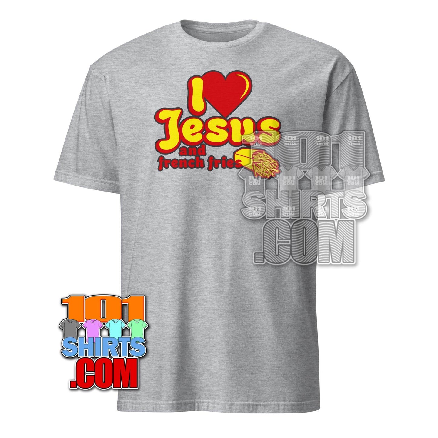 Gray I Love Jesus and French Fries shirt with red and yellow graphic and fries illustration