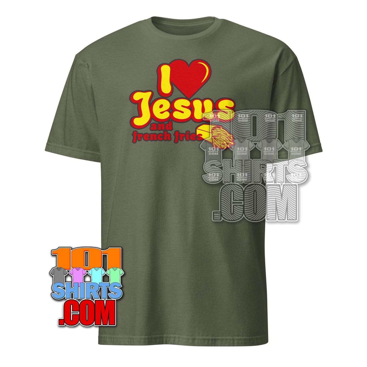 Olive green I Love Jesus and French Fries shirt with red and yellow graphic design by 101SHIRTS