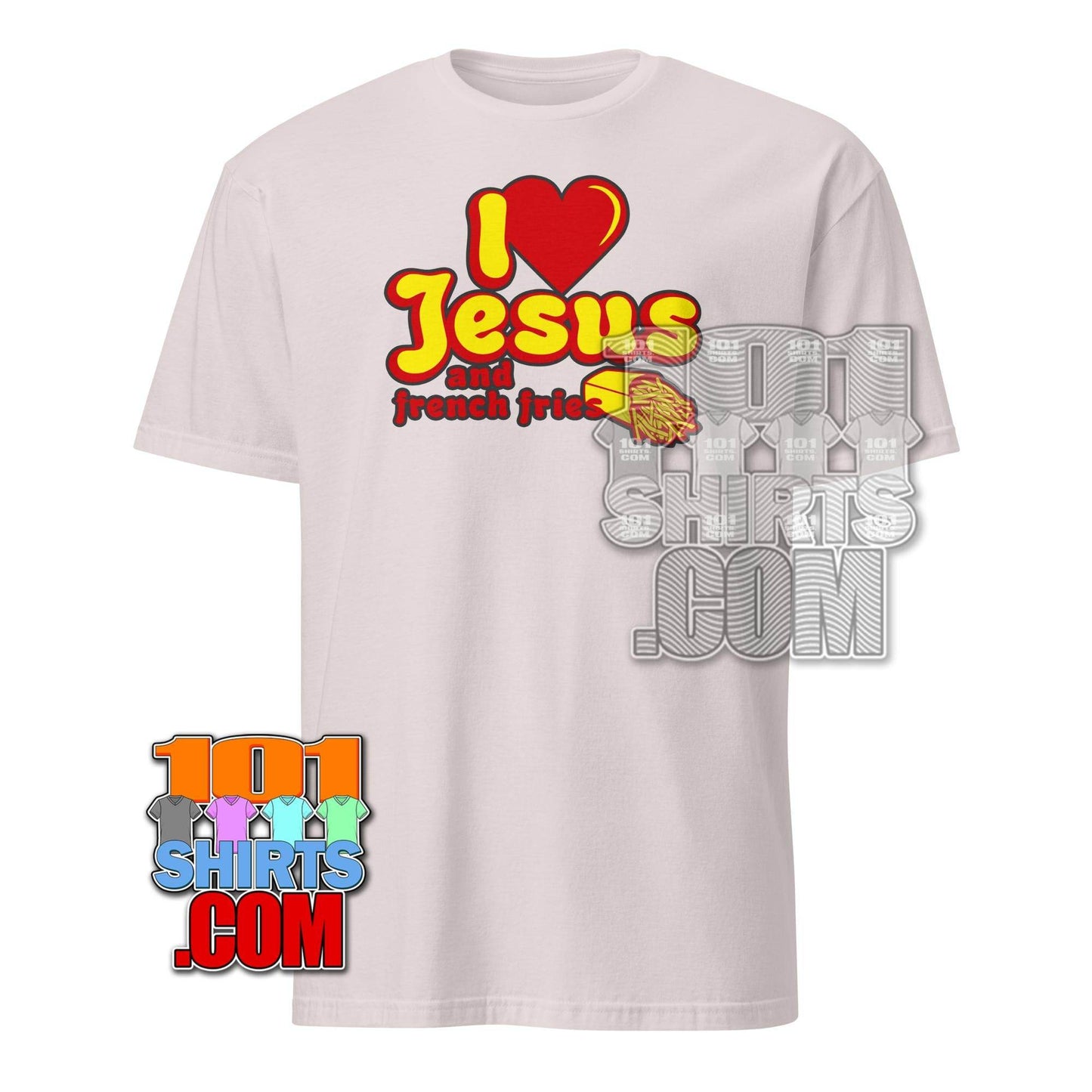 White T-shirt with I Love Jesus and French Fries shirt design in red and yellow text