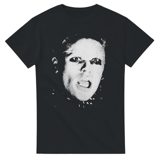 Black Keith Flint The Prodigy band t-shirt with a white graphic print of Keith Flint's face